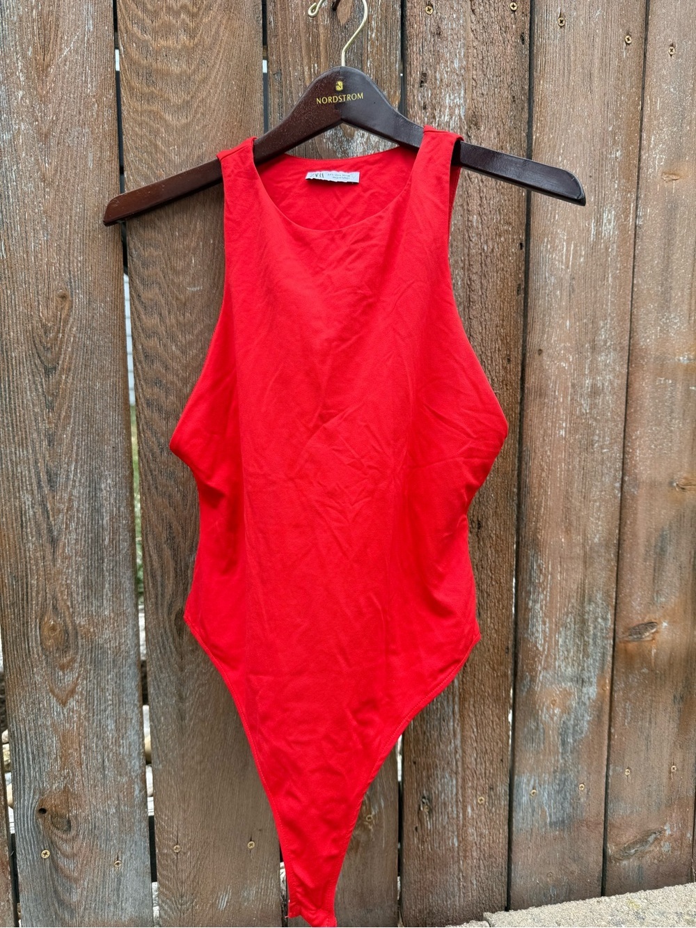 Zara Women’s Red Sleeveless Bodycon Fitted High Cut Bodysuit Size Large